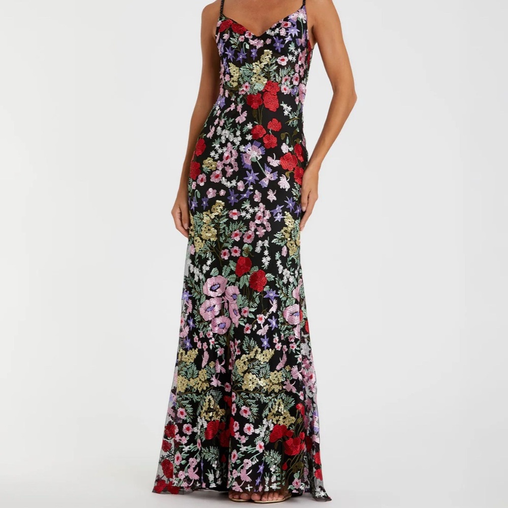 Mac Duggal Black Floral Maxi Dress with Red, Pink & Purple Embroidery